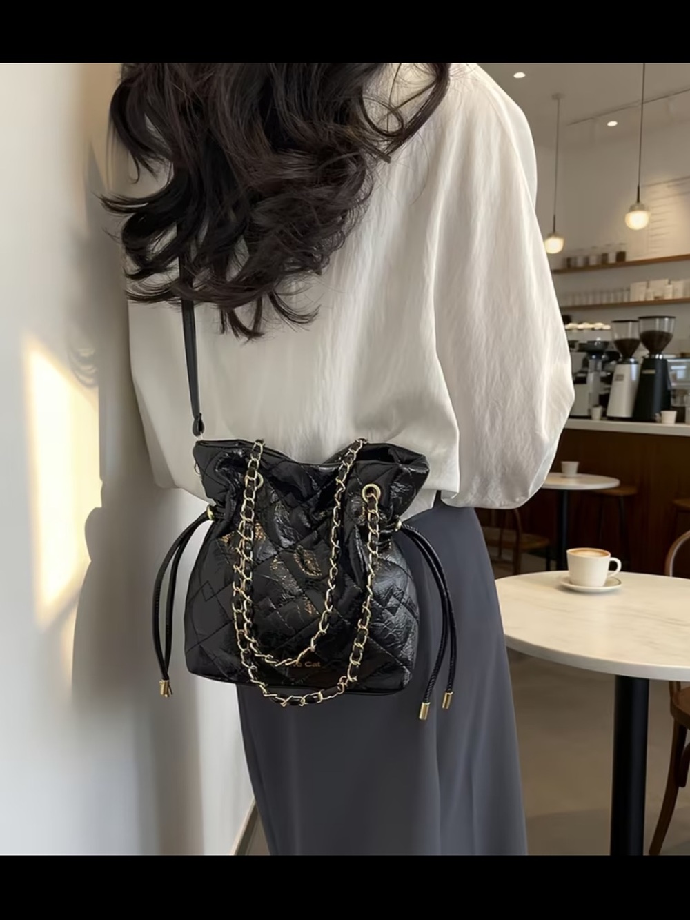 Affordable Fashion Finds Quilted Drawstring Bucket Bag - Black with Gold Chain